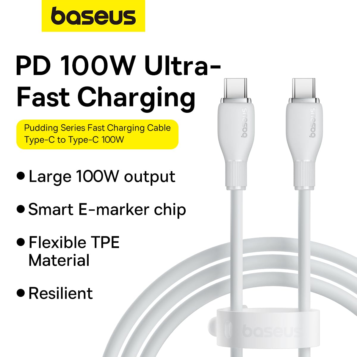 BASEUS PUDDING SERIES USB TO TYPE C 100W CABLE 2M WHITE thumbnail 8