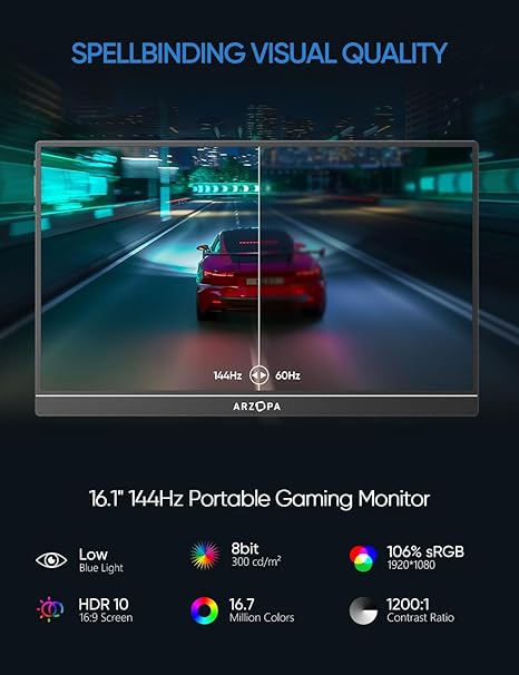 ARZOPA 16 INCH ULTRA SLIM 144HZ FHD 1080P GAMING MONITOR BLACK Z1FC thumbnail 4