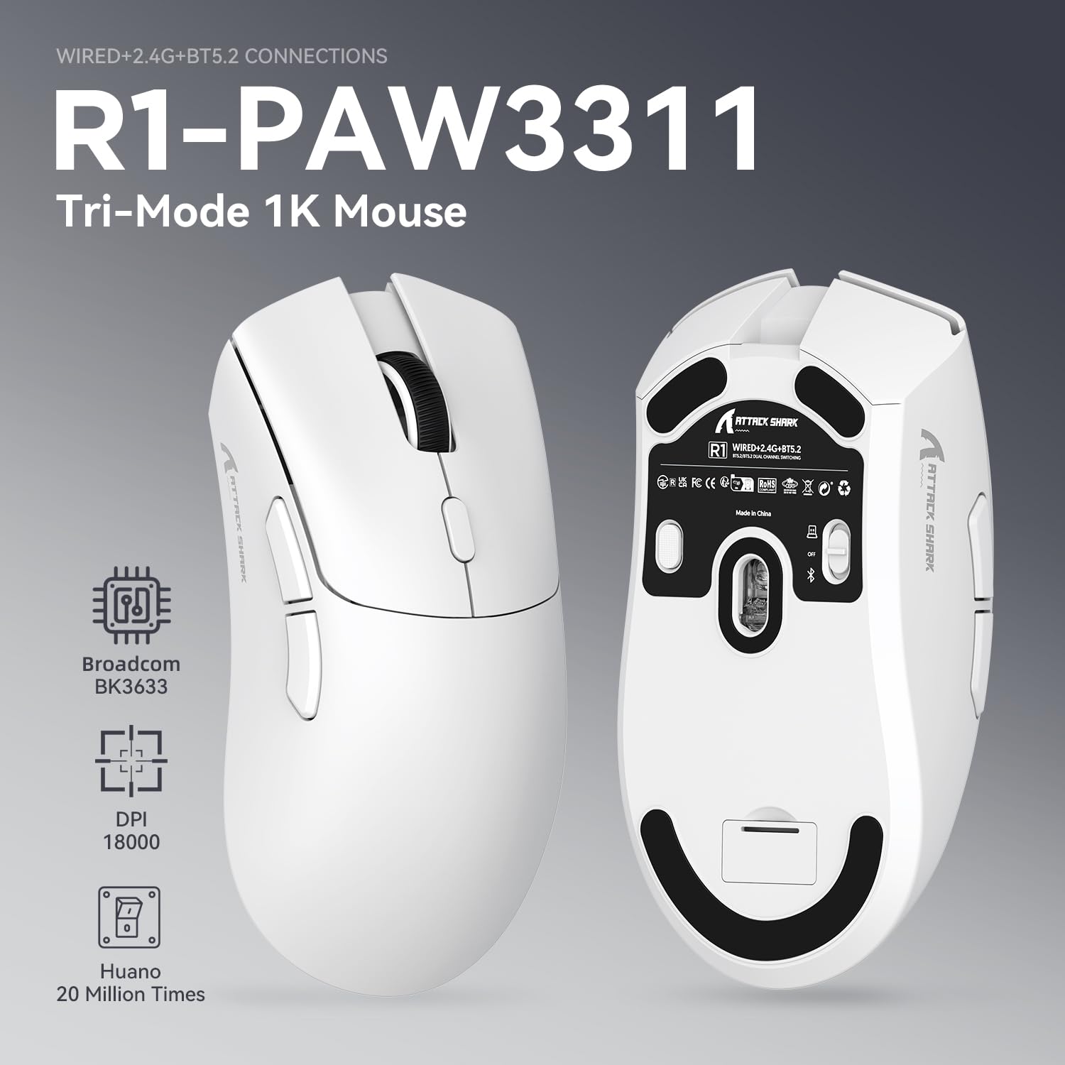 ATTACK SHARK R1 SUPERLIGHT WIRELESS GAMING MOUSE WHITE thumbnail 3