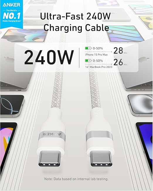 ANKER USB C TO USB C 240W UPCYCLED BRAIDED 3FT CABLE WHITE A82E2H21 thumbnail 2