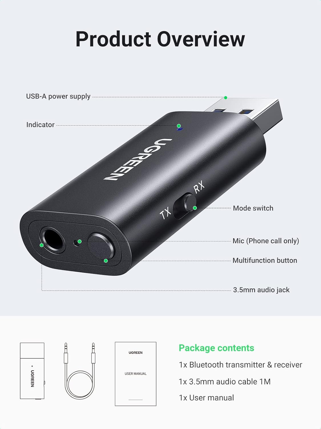 UGREEN USB 2.0 TO 3.5MM BLUETOOTH TRANSMITTER/RECEIVER ADAPTER WITH AUDIO CABLE 60300 thumbnail 6