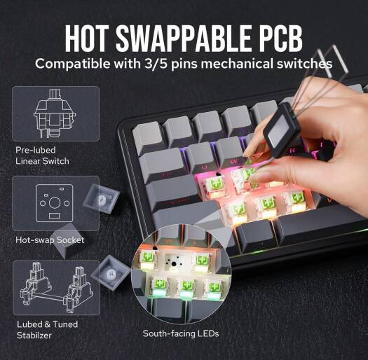 AULA 65 KEYS RGB 65% MECHANICAL GAMING KEYBOARD TRI MODE GREY WOOD V3 SWITCH BLK-GRY F65 thumbnail 6
