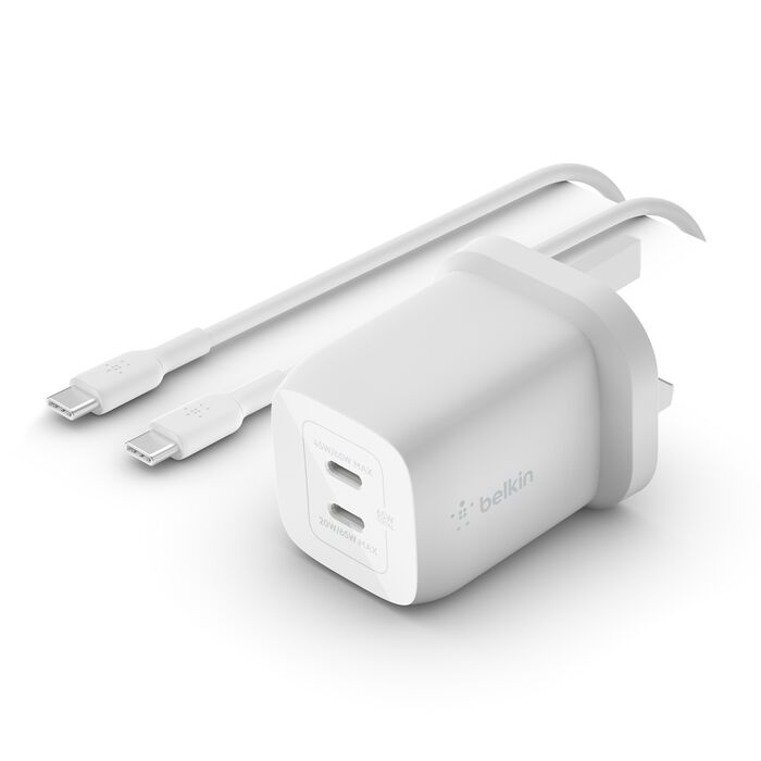 BELKIN BOOST CHARGE PRO DUAL WALL CHARGER + USB C TO USB C CABLE WHITE WCH013MY2MWHB6