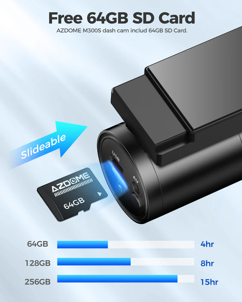 AZDOME 4K Front and Rear Dash Camera Kit with 64GB Memory Card - M300S thumbnail 7