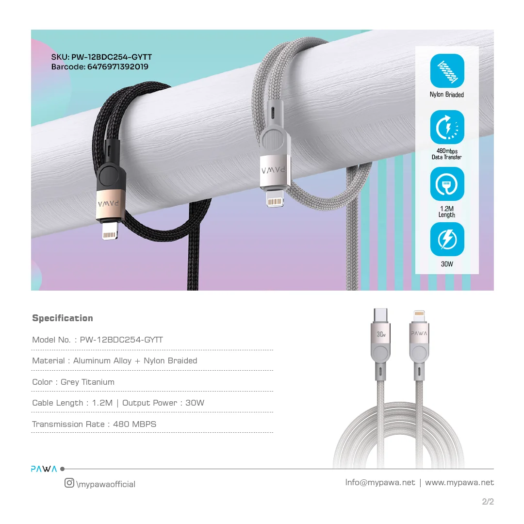 PAWA LEVIN USB C TO LIGHTNING BRAIDED CABLE 1.2M 30W GREY TITANIUM PW-12BDC254-GYTT thumbnail 4