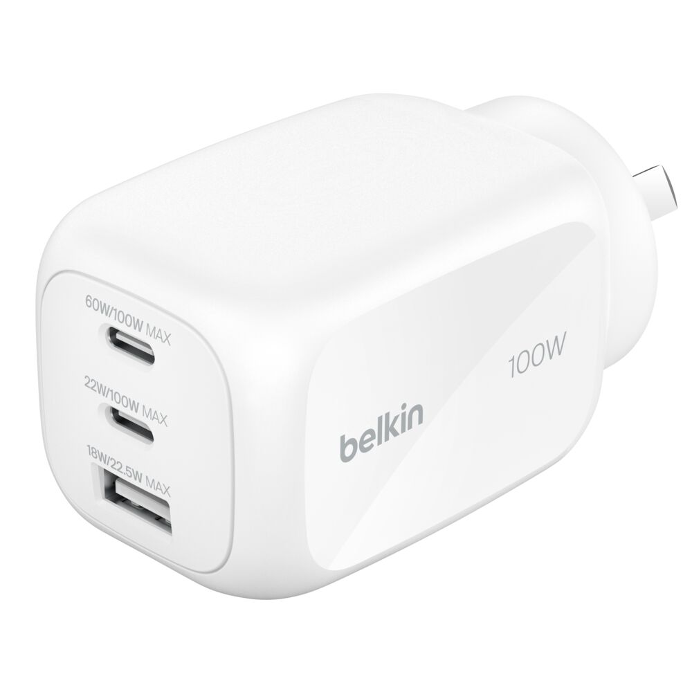 BELKIN BOOST CHARGE PRO 3 PORT GAN WALL CHARGER 100W+ INTERCHANGEABLE PLUG TIP WHITE WCH016HQWH