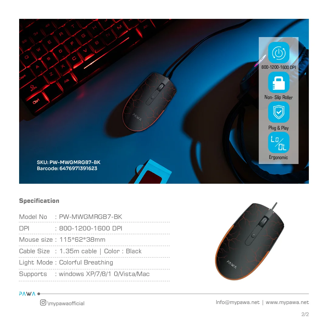 PAWA WIRED GAMING MOUSE WITH 1600DPI BLACK PW-MWGMRGB7-BK thumbnail 4