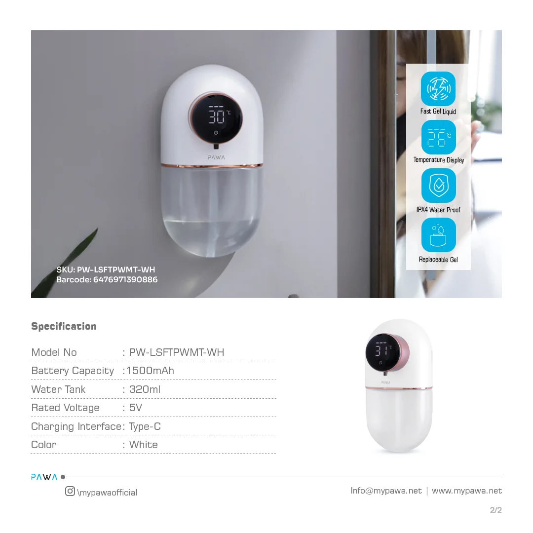 PAWA BUBBLE WALL MOUNT AUTOMATIC DISPENSER WHITE PW-LSFTPWMT-WH thumbnail 3