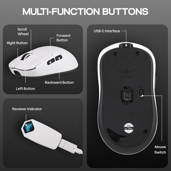 AULA ERGONOMIC TRI MODE WIRELESS GAMING MOUSE 26000 DPI WITH PAW3395 SENSOR SC900 PRO WHITE thumbnail 7