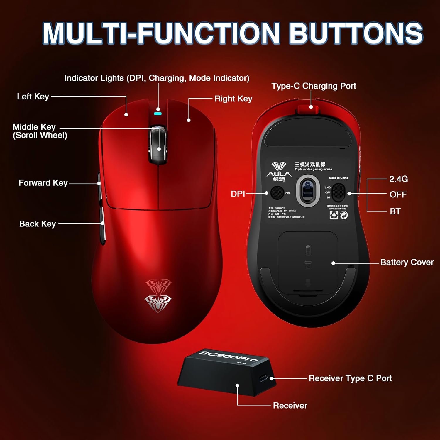 AULA ERGONOMIC TRI MODE WIRELESS GAMING MOUSE 30000 DPI WITH PAW3950 SENSOR SC900MAX RED thumbnail 9