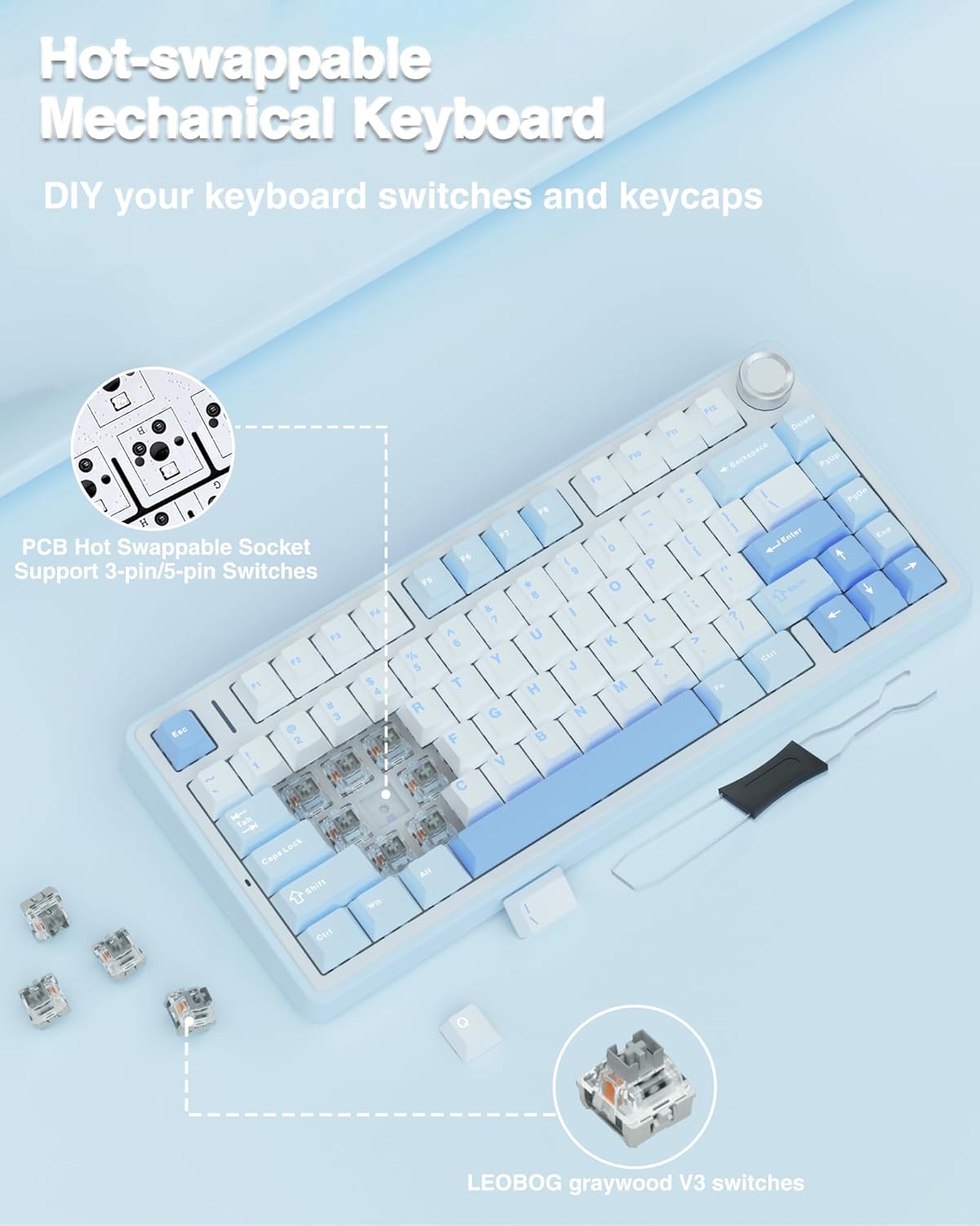 AULA 75 KEYS RGB 75% MECHANICAL GAMING KEYBOARD TRI MODE KNOB SEIYA SWITCH WHITE CONTOUR F75 thumbnail 7