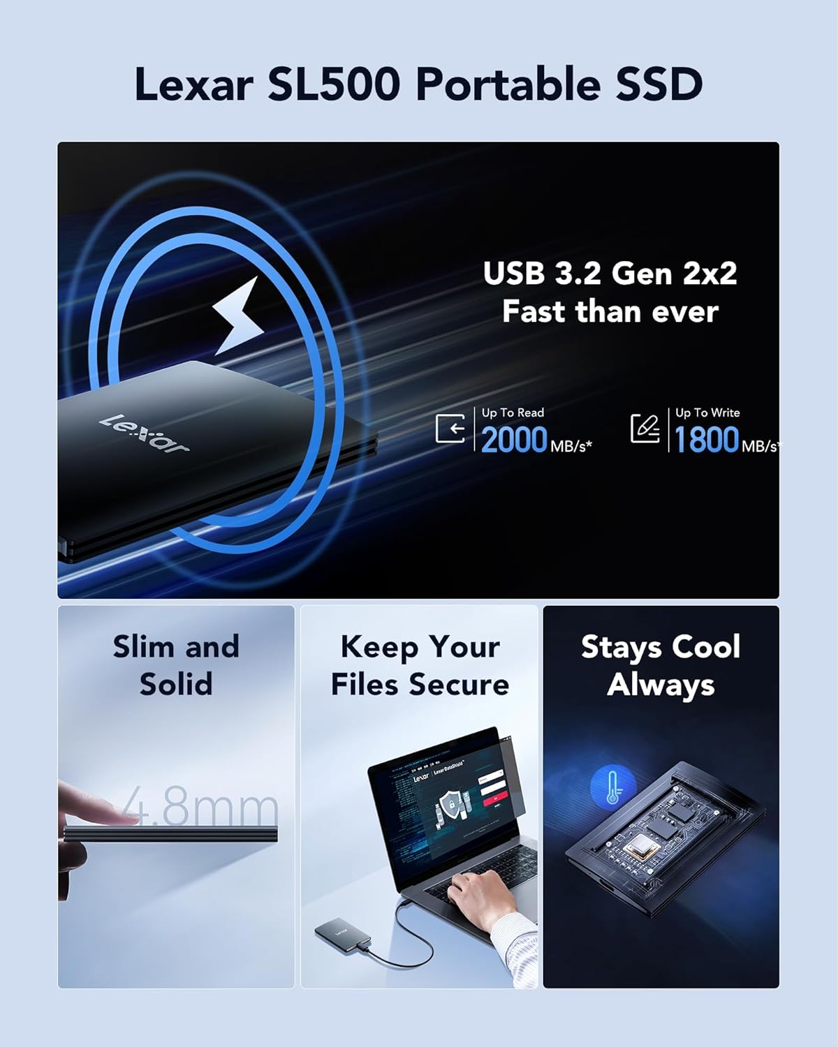 LEXAR SSD SL500 PORTABLE SSD 2 TB USB3.2 GEN2X2 UP TO 2000 MBS /1800 MBS thumbnail 2