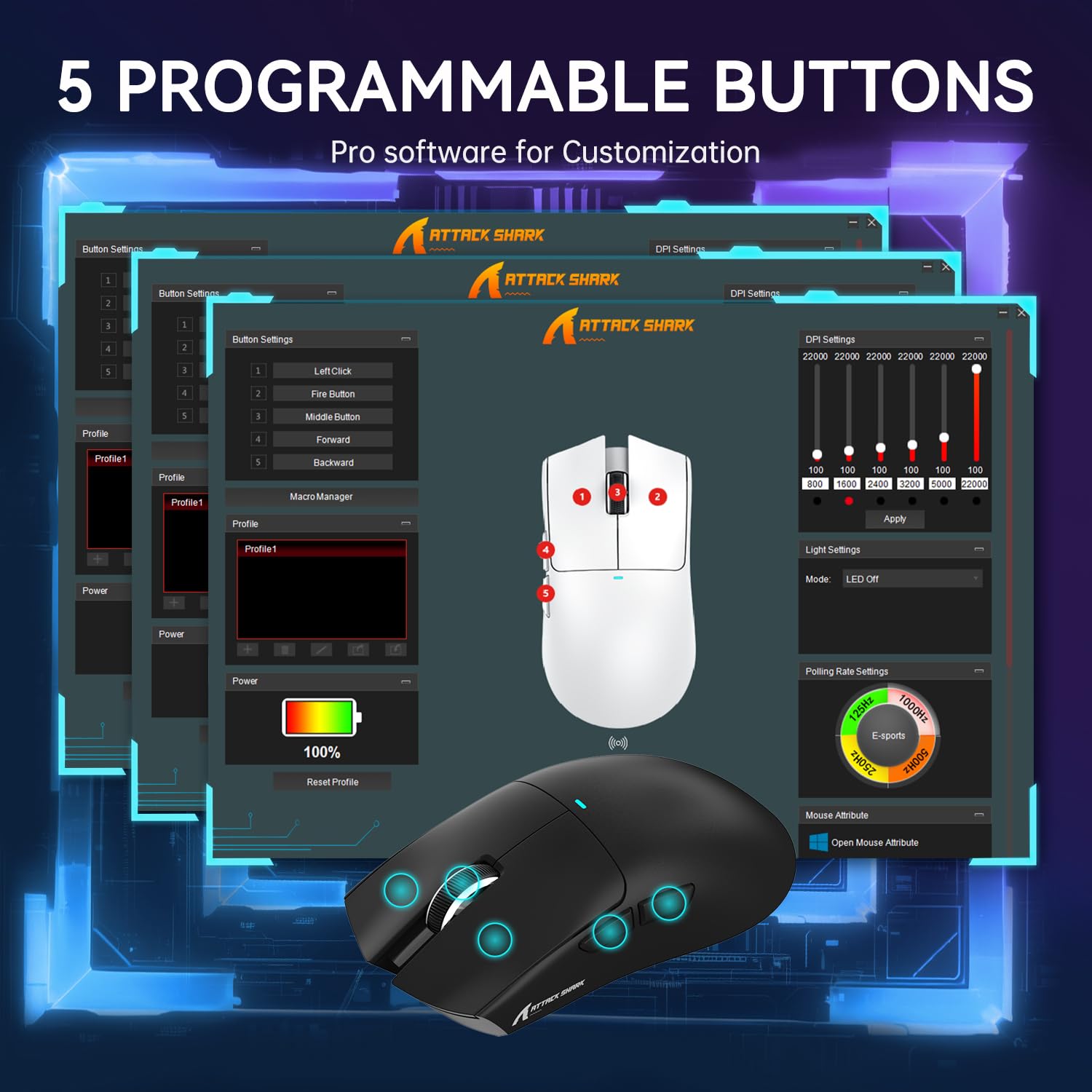 ATTACK SHARK LIGHTWEIGHT WIRELESS GAMING MOUSE WITH RGB CHARGING DOCK BLACK X11 thumbnail 9