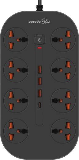 PORODO BLUE 8 AC 3000W POWER STRIP UNIVERSAL SOCKET 3M BLACK PB-FWCH035-BK