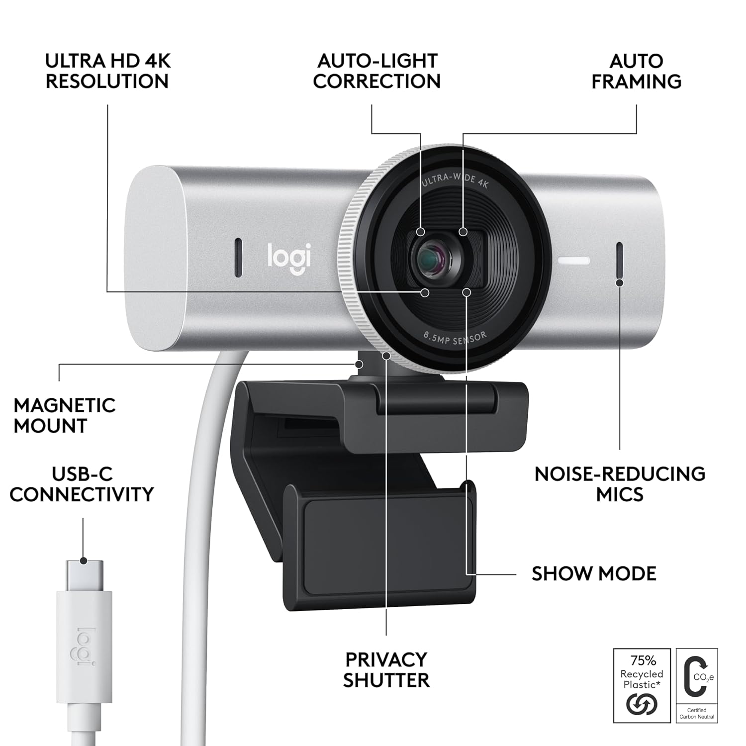 LOGITECH MX BRIO 4K ULTRA HD WEBCAM PALE GRAY 960-001554 thumbnail 6