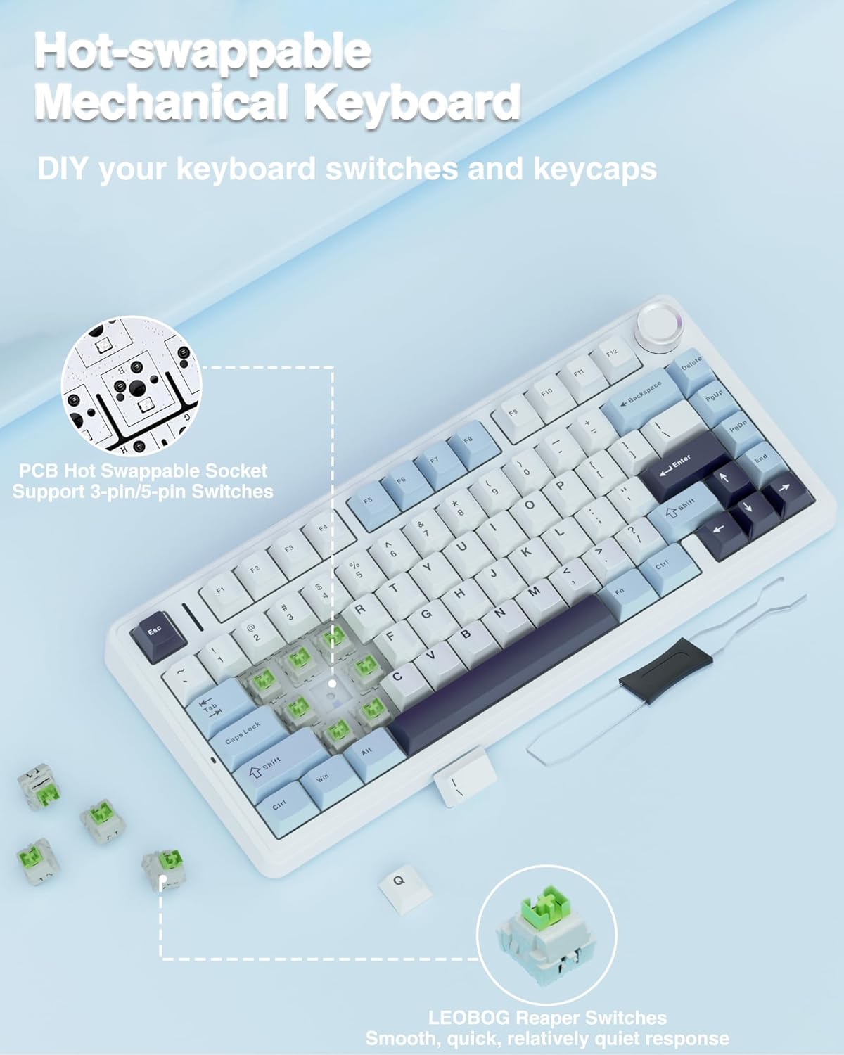 AULA 75 KEYS RGB 75% MECHANICAL GAMING KEYBOARD TRI-MODE KNOB REAPER SWITCH BL+WH+DKPRP F75 MAX thumbnail 6