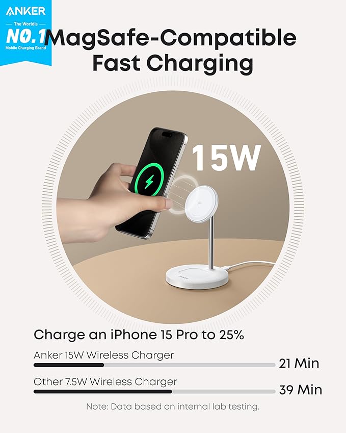 ANKER MAGGO WIRELESS 2-IN-1 DOCK STAND CHARGER AND 5FT USB C TO USB C CABLE WHITE A25M7H21 thumbnail 2