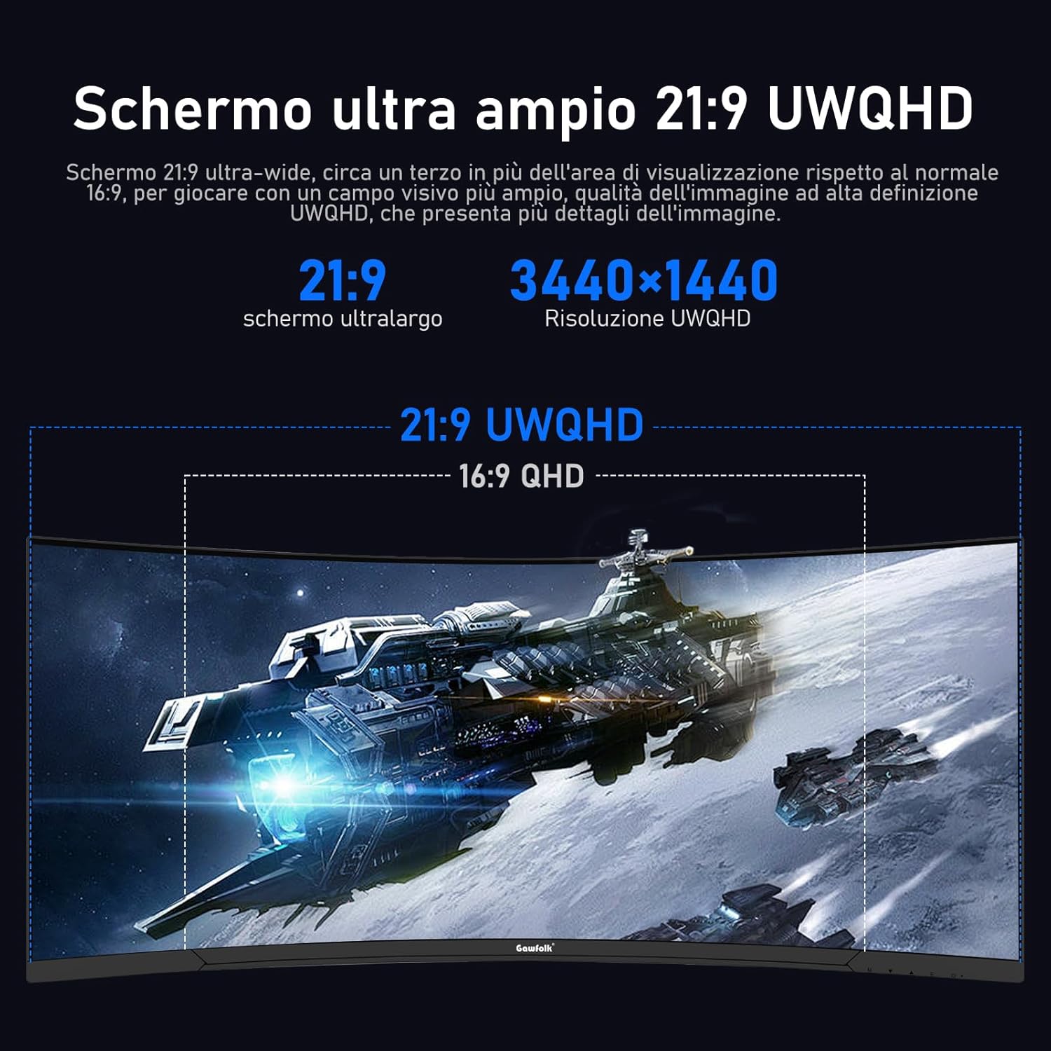 GAWFOLK 34 INCH 2K 120HZ 2560*1440 FLAT VA PANEL MONITOR BLACK/WHITE GF340H thumbnail 3