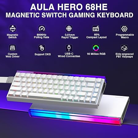 AULA 68 KEYS RGB 65% WIRED MECHANICAL GAMING KEYBOARD  METEOR SWITCH WHT-GRY-BL HERO68HE thumbnail 9