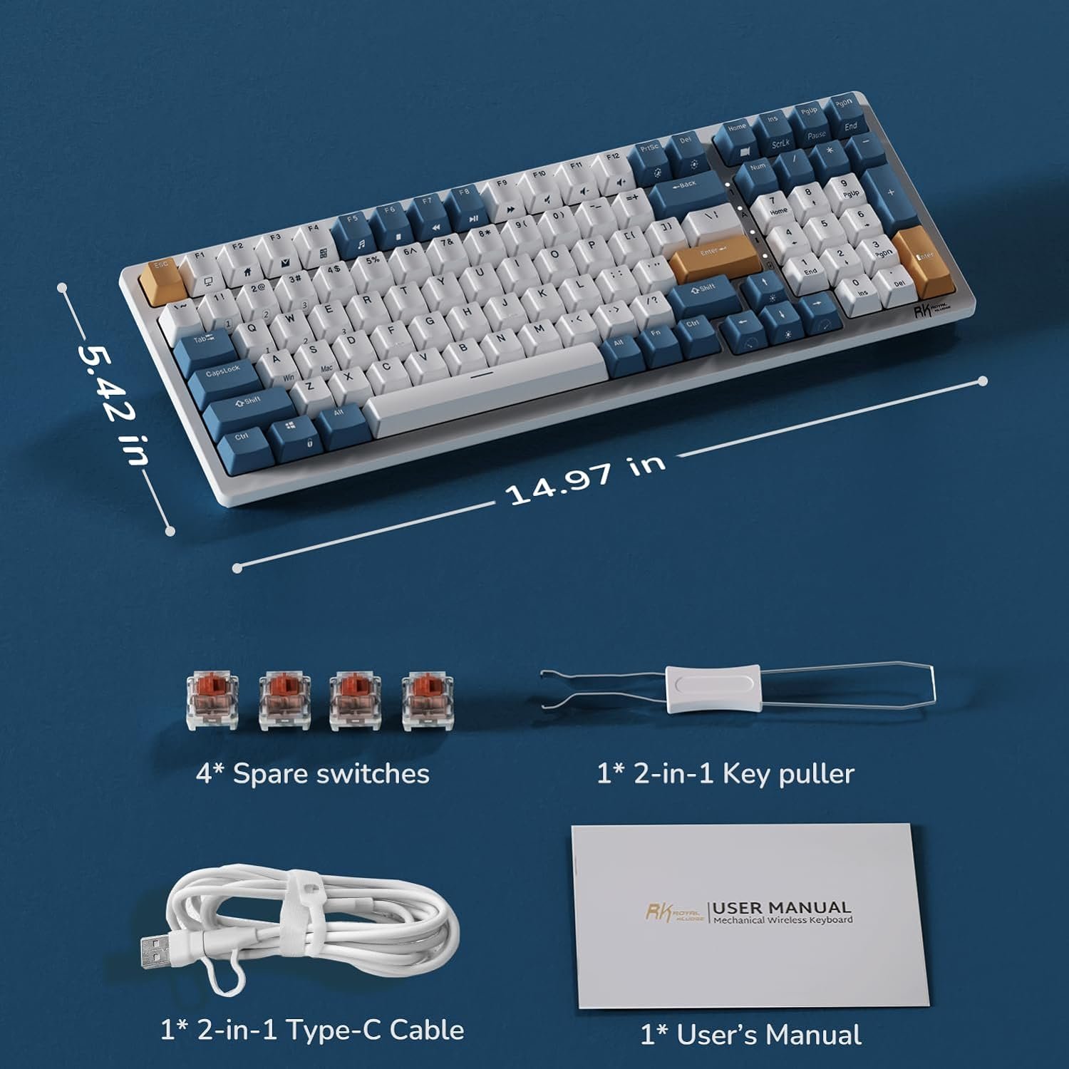 Royal Kludge RGB Tri-Modes Hot-Swap Gaming Keyboard with Brown Switches in Klein Blue - RK98 thumbnail 4