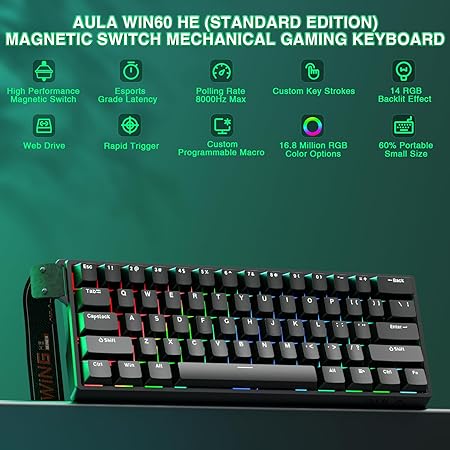 AULA 60 KEYS RGB 60% WIRED MECHANICAL GAMING KEYBOARD GRAYWOOD MAGNETIC SWITCH BLACK WIN60 thumbnail 9