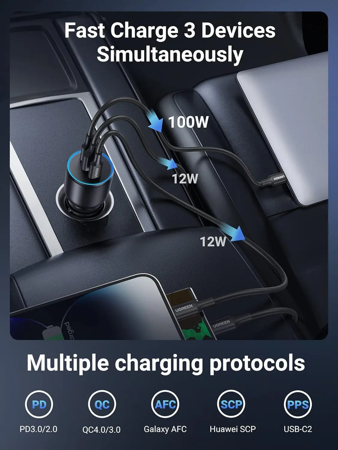 UGREEN 3 PORT FAST CAR CHARGER 130W BLACK 35025 thumbnail 4