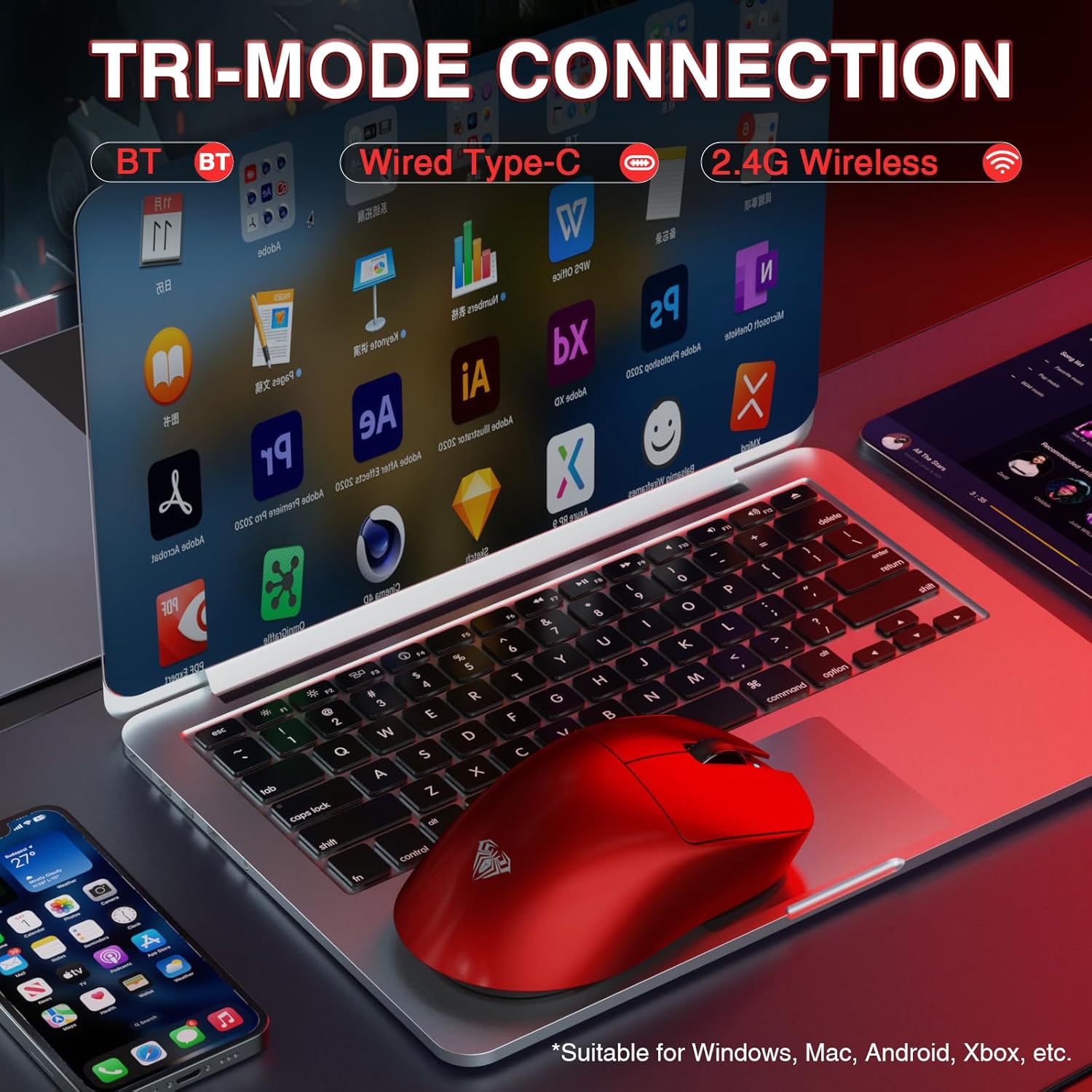 AULA ERGONOMIC TRI MODE WIRELESS GAMING MOUSE 30000 DPI WITH PAW3950 SENSOR SC900MAX RED thumbnail 4