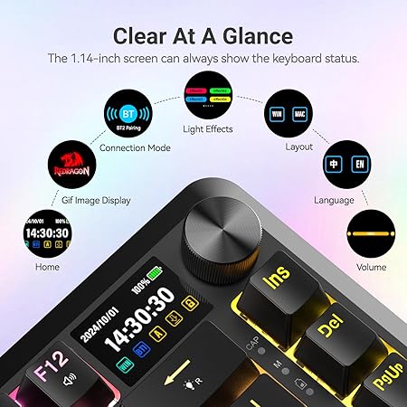 REDRAGON FLEKACT RGB WIRELESS MECHANICAL GAMING KEYBOARD WITH LCD DISPLAY - BLACK K708RGB-PRO thumbnail 8