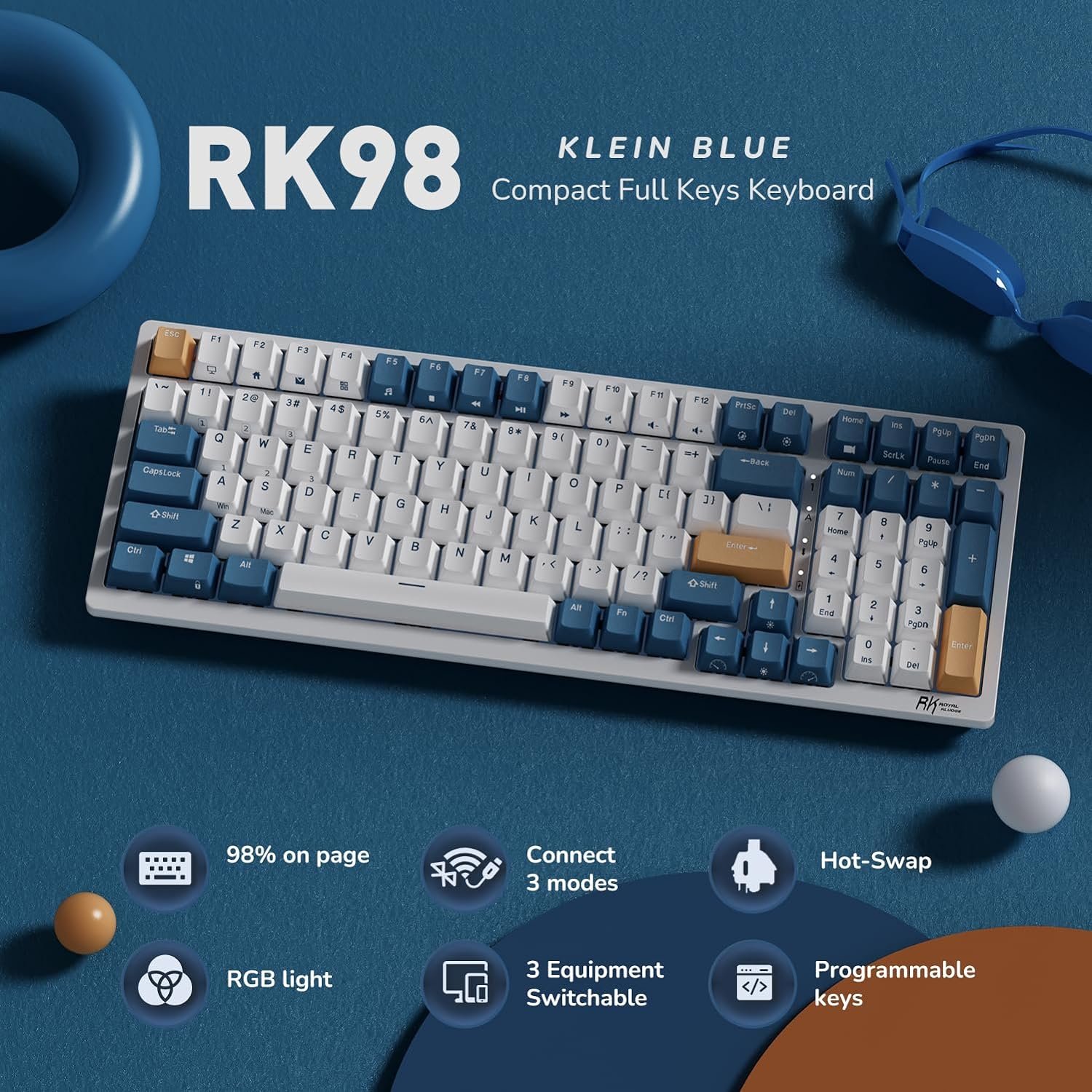 Royal Kludge RGB Tri-Modes Hot-Swap Gaming Keyboard with Brown Switches in Klein Blue - RK98 thumbnail 2