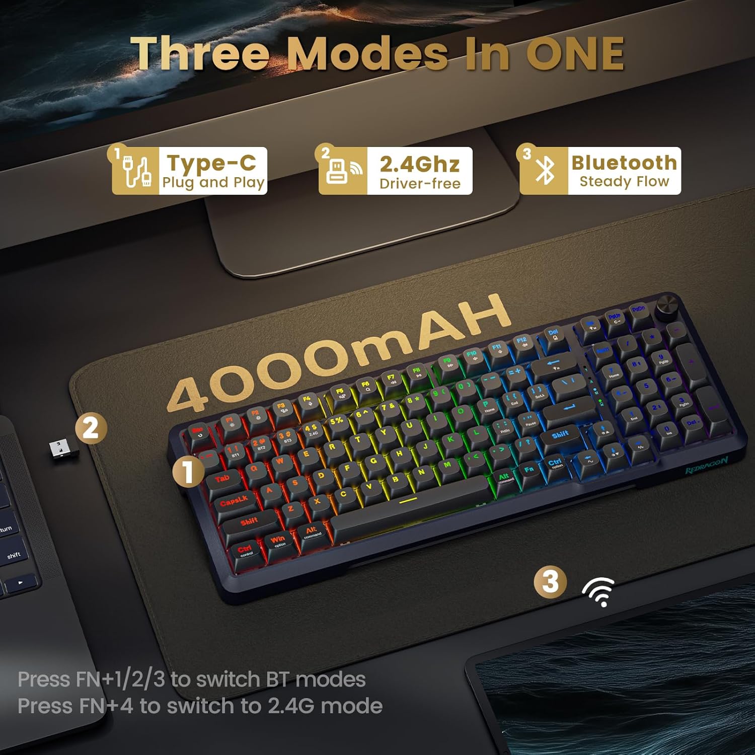 REDRAGON BREAGI PRO GASKET WIRELESS MECHANICAL KEYBOARD CREAM LINEAR SWITCHES K688GB-RGB-PRO thumbnail 6