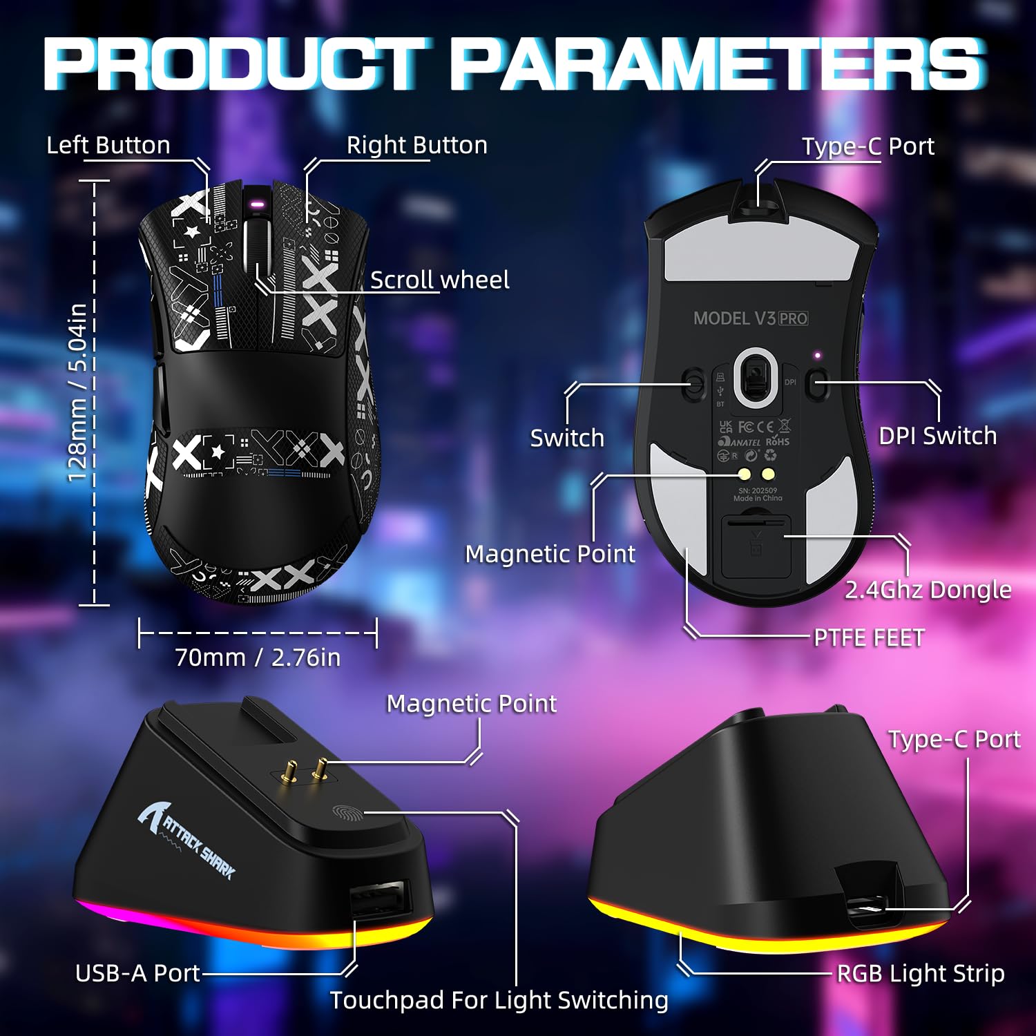 ATTACK SHARK V3 PRO WIRELESS ESPORTS GAMING MOUSE WITH CHARGING DOCK BLACK thumbnail 8