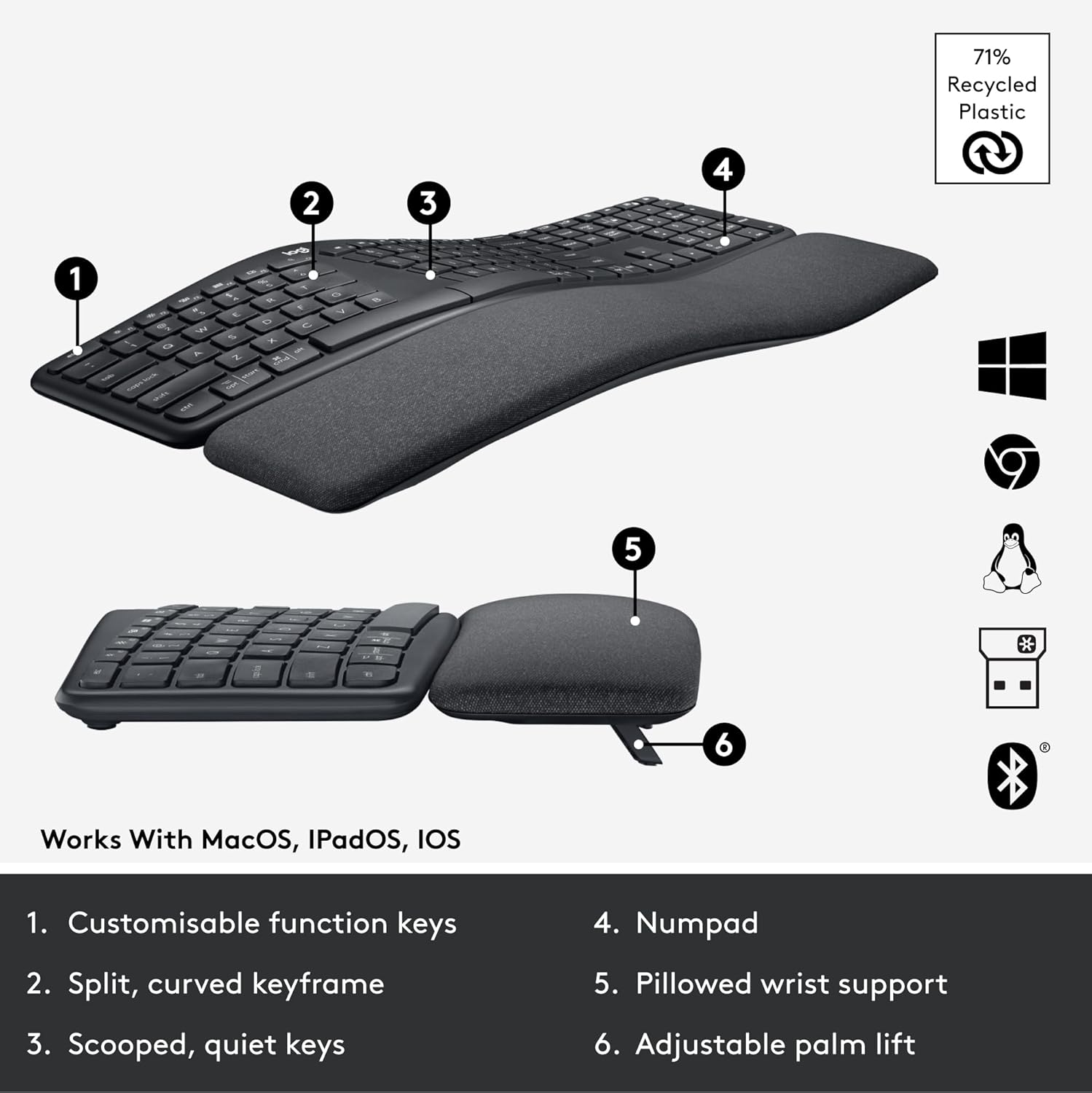 LOGITECH ERGO WIRELESS SPLIT KEYBOARD K860 ENGLISH 920-010359 thumbnail 6
