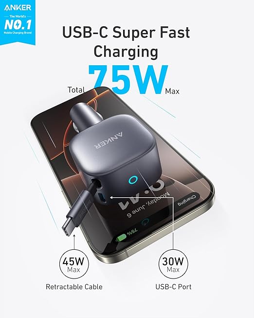ANKER 75W USB-C CAR CHARGER WITH BUILT-IN RETRACTABLE USB-C CABLE GRAY A2738HA2 thumbnail 2