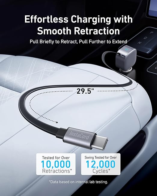 ANKER 75W USB-C CAR CHARGER WITH BUILT-IN RETRACTABLE USB-C CABLE GRAY A2738HA2 thumbnail 4