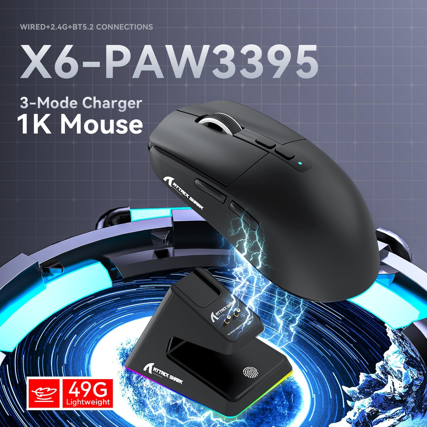 ATTACK SHARK X6 LIGHTWEIGHT WIRELESS GAMING MOUSE WITH RGB CHARGING DOCK  BLACK PAW-3395 thumbnail 2
