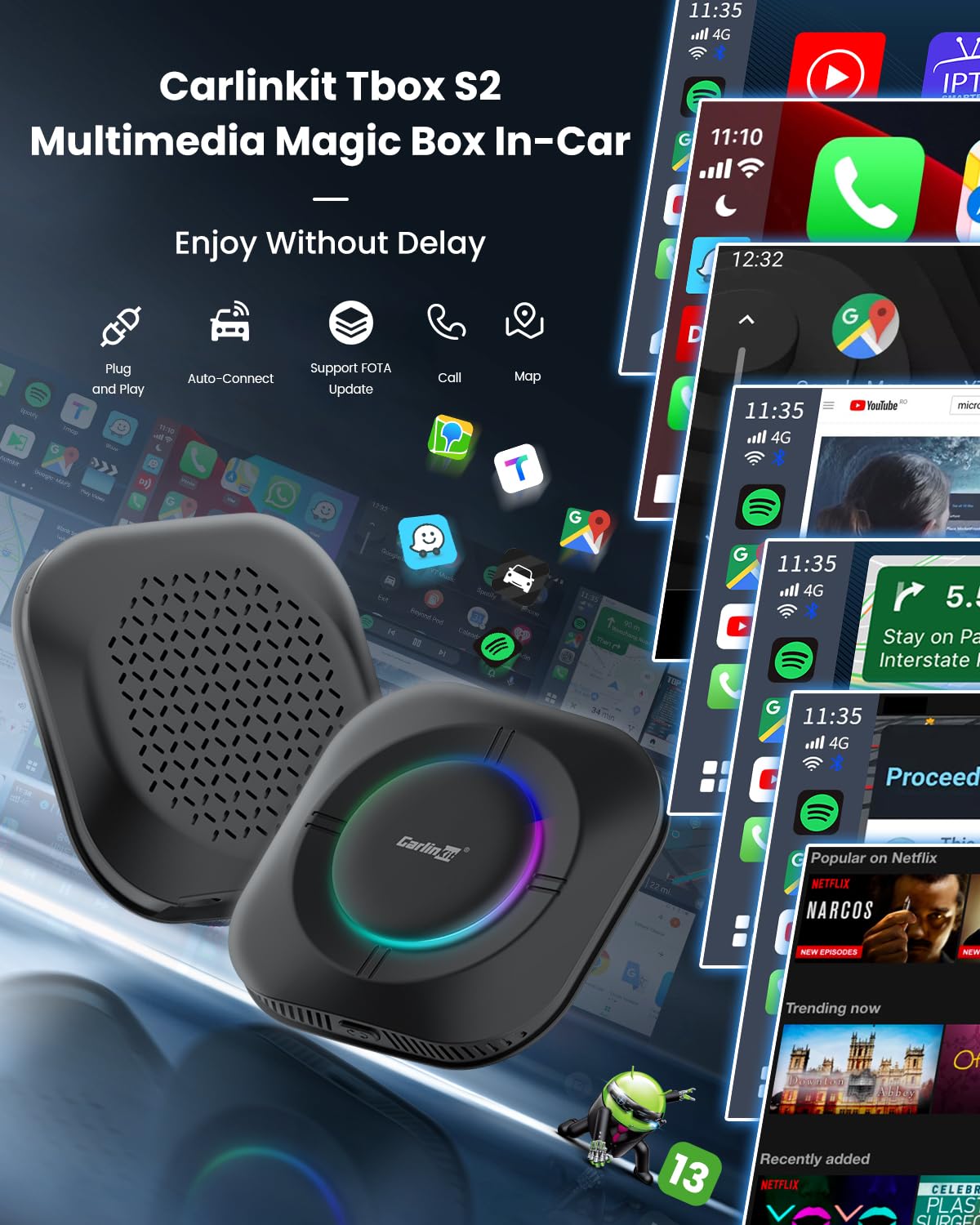 CARLINKIT AI BOX T-BOX S2P 4+64GB CARPLAY ANDROID 13.0 AUTO WIRELESS ADAPTER BLACK CPC200-TBOX-S2P thumbnail 2