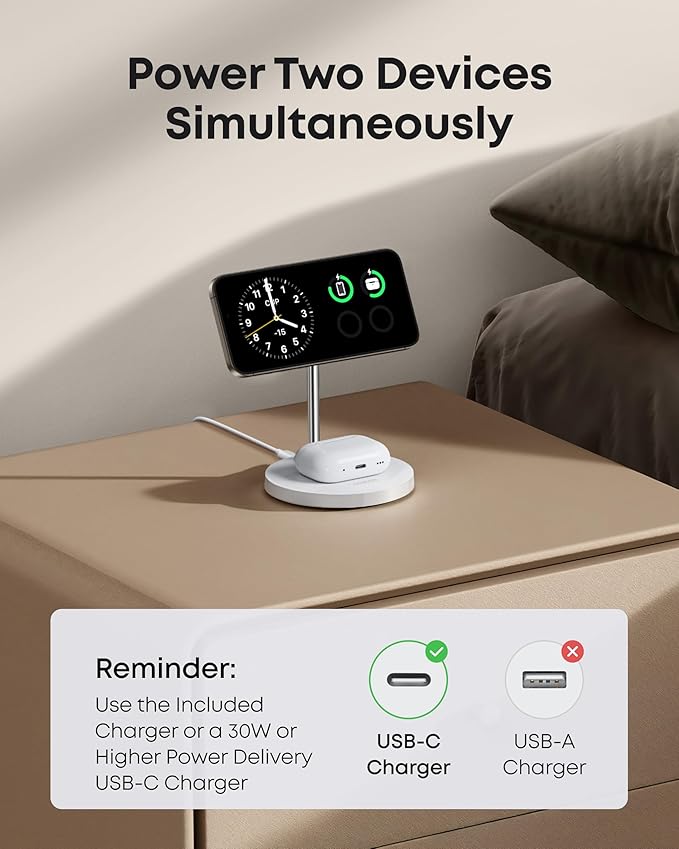ANKER MAGGO WIRELESS 2-IN-1 DOCK STAND CHARGER AND 5FT USB C TO USB C CABLE WHITE A25M7H21 thumbnail 3