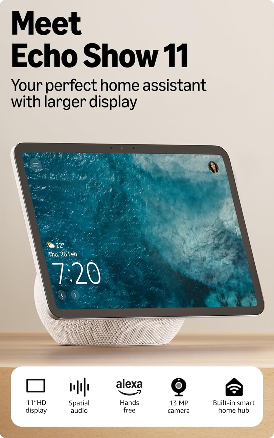 AMAZON ECHO SHOW 11TH GEN SMART DISPLAY WITH ALEXA+ GLACIER WHITE thumbnail 2