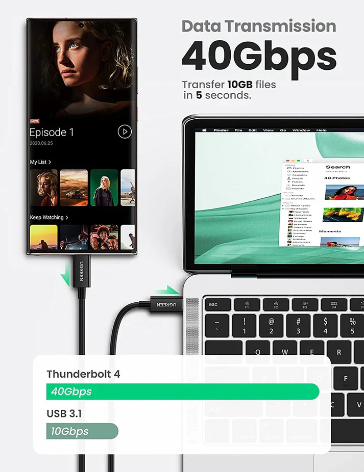 UGREEN USB-C TO USB-C THUNDERBOLT 4 CABLE 0.8M BLACK 30389 thumbnail 5