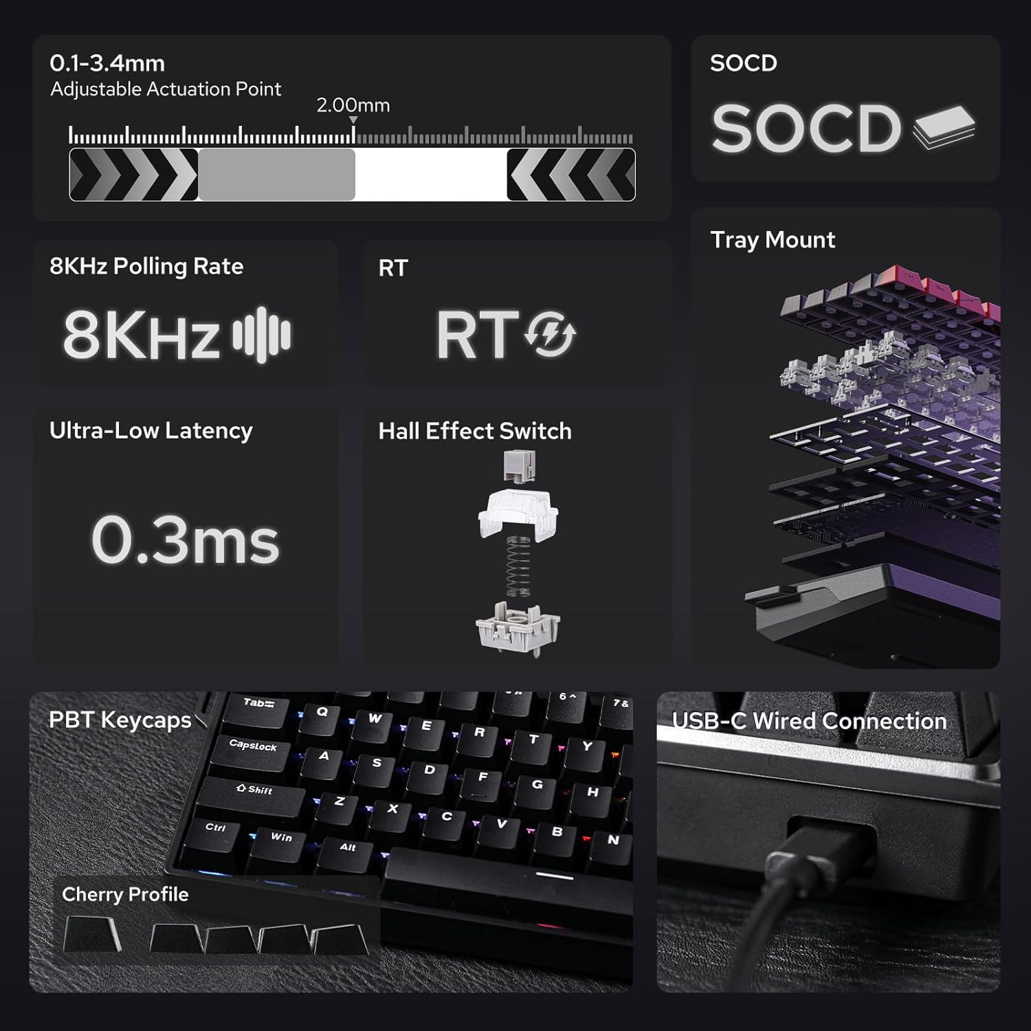 AULA 68 KEYS RGB 65% WIRED MECHANICAL GAMING KEYBOARD GRAY WOOD MAGNETIC SWITCH BLACK thumbnail 2