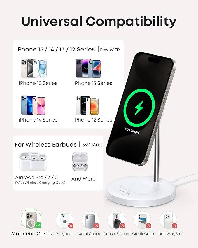 ANKER MAGGO WIRELESS 2-IN-1 DOCK STAND CHARGER AND 5FT USB C TO USB C CABLE WHITE A25M7H21 thumbnail 6