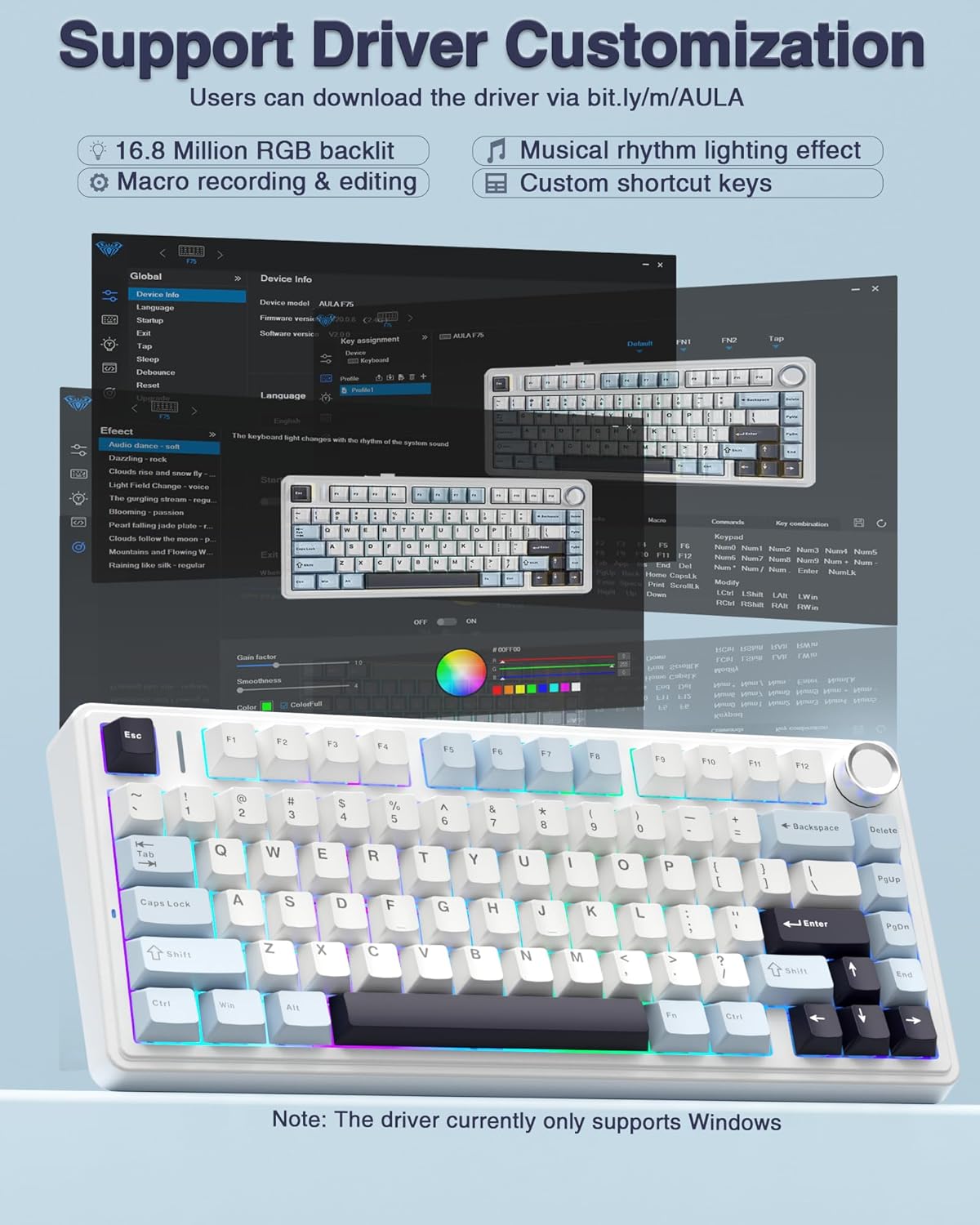 AULA f75 KEYS RGB 75% MECHANICAL GAMING KEYBOARD TRI-MODE KNOB ICE VEIN SWITCH LT BLU-WHT-PRP F75 thumbnail 7