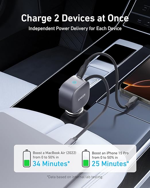 ANKER 75W USB-C CAR CHARGER WITH BUILT-IN RETRACTABLE USB-C CABLE GRAY A2738HA2 thumbnail 3