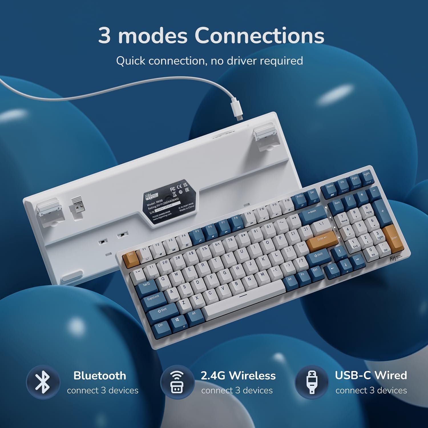 Royal Kludge RGB Tri-Modes Hot-Swap Gaming Keyboard with Brown Switches in Klein Blue - RK98 thumbnail 8
