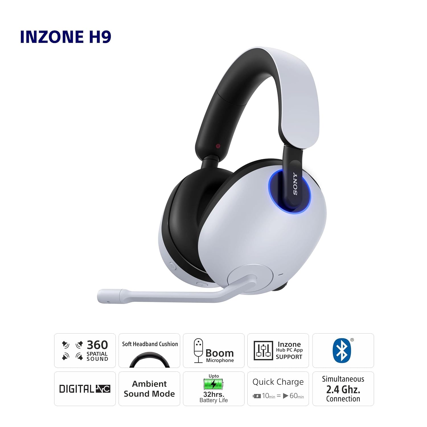 SONY INZONE H9 WIRELESS NOISE CANCELING GAMING HEADSET PS5 WHITE WH-G900N thumbnail 18