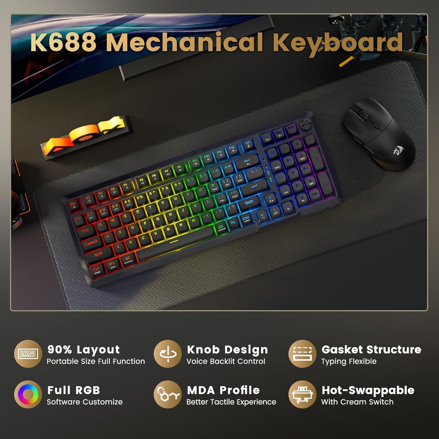 REDRAGON BREAGI PRO GASKET WIRELESS MECHANICAL KEYBOARD CREAM LINEAR SWITCHES K688GB-RGB-PRO thumbnail 3
