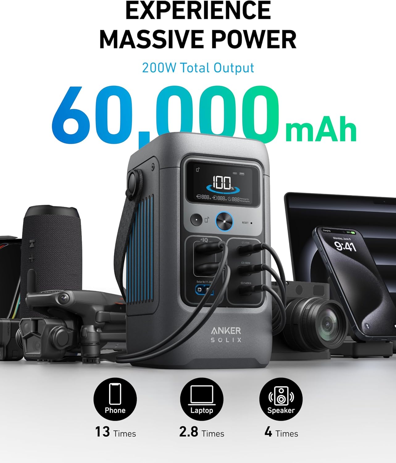 ANKER SOLIX C200 DC PORTABLE POWER STATION 60000MAH 200W GRAY A17270Z1 thumbnail 3