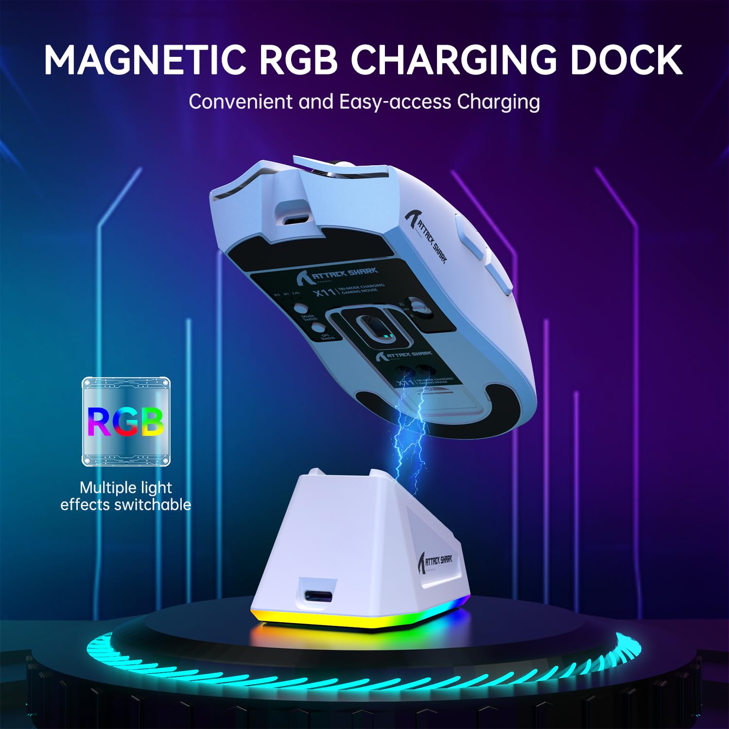 ATTACK SHARK LIGHTWEIGHT WIRELESS GAMING MOUSE WITH RGB CHARGING DOCK WHITE X11 thumbnail 5