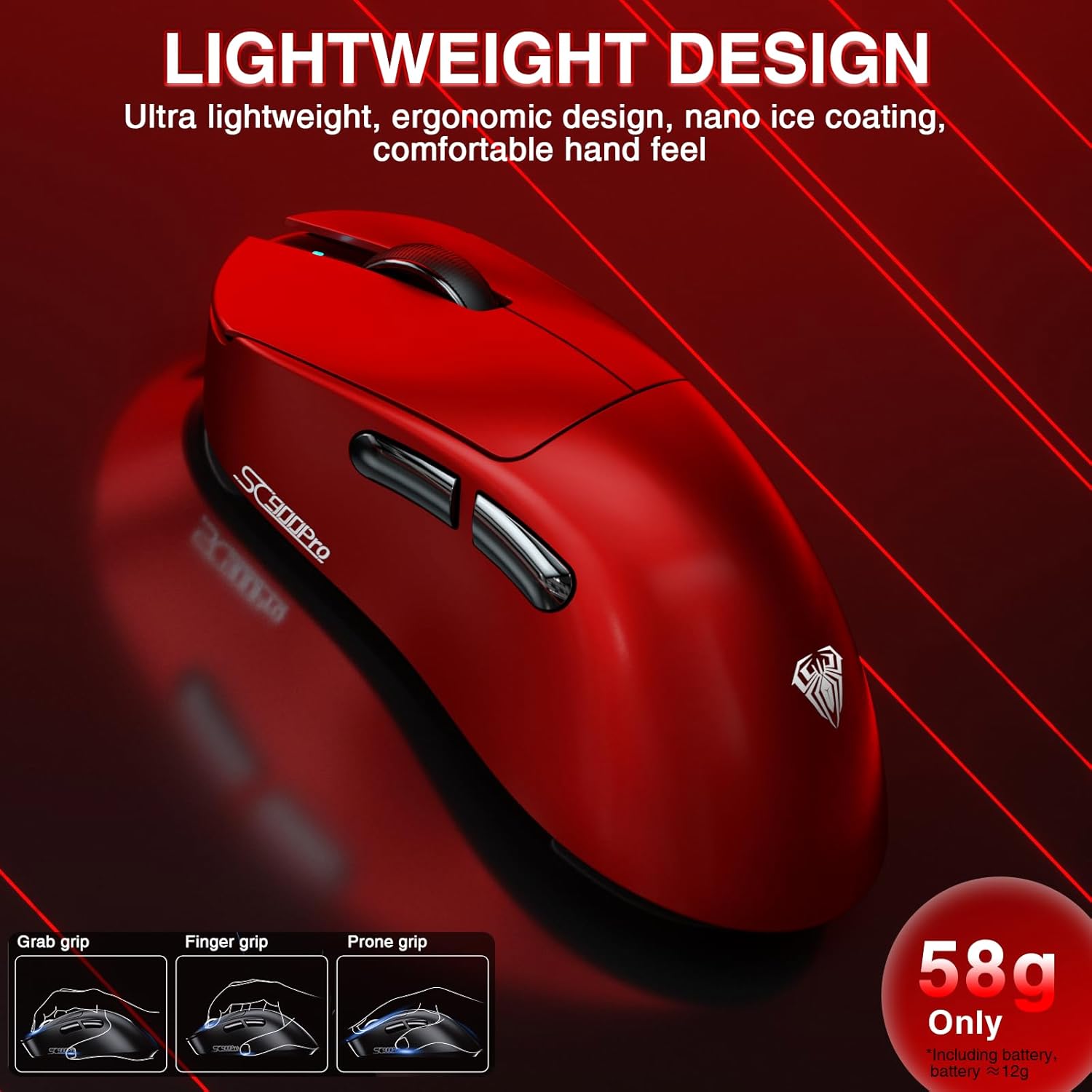 AULA ERGONOMIC TRI MODE WIRELESS GAMING MOUSE 30000 DPI WITH PAW3950 SENSOR SC900MAX RED thumbnail 8