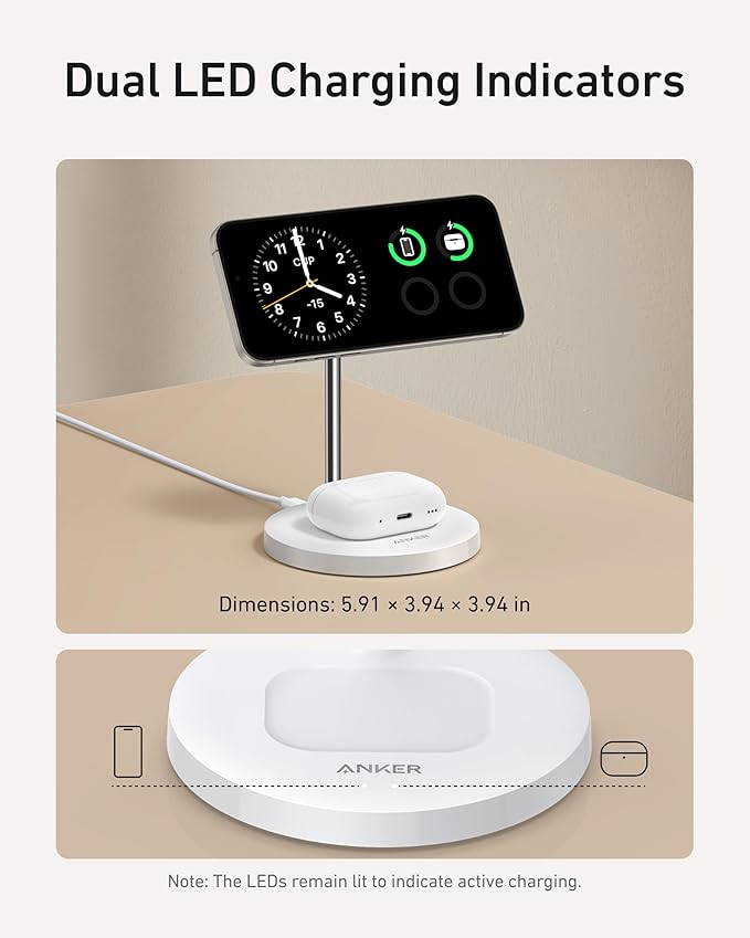 ANKER MAGGO WIRELESS 2-IN-1 DOCK STAND CHARGER AND 5FT USB C TO USB C CABLE WHITE A25M7H21 thumbnail 5